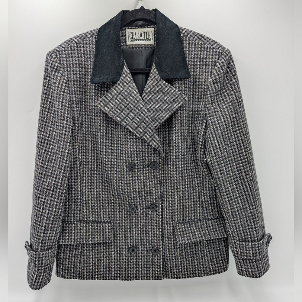 VTG Character Suburbanwear Wool Jacket Suede Plaid Double Breasted 14 Equestrian